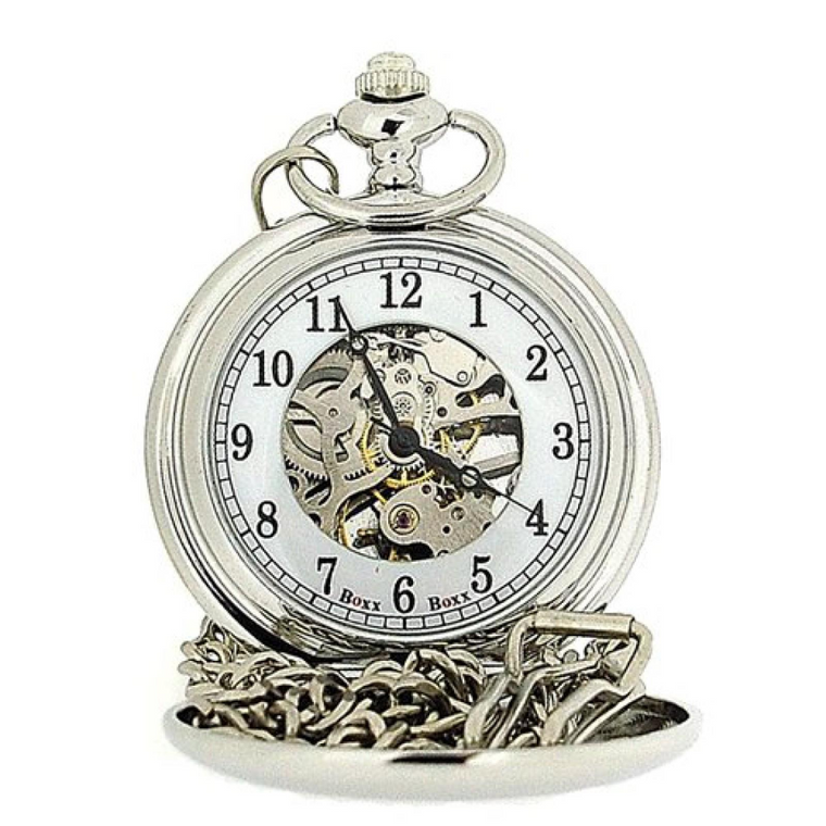 Boxx Mens  Silver Tone Skeleton Mechanical Pocket Watch 12" Chain M5084.01
