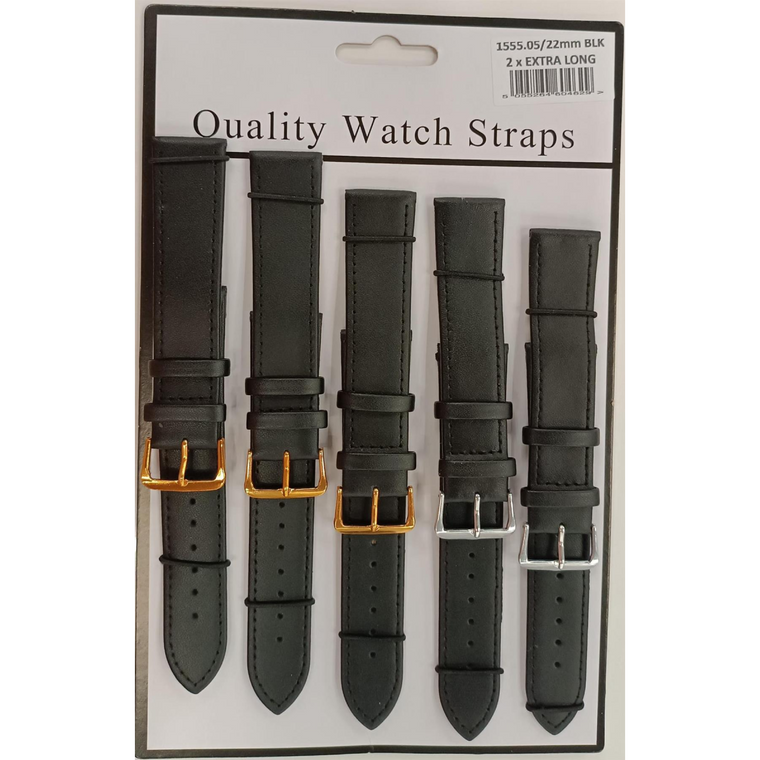 1555.05BK 22MM 2X Extra Long Black Leather Watch Straps Pack of 5