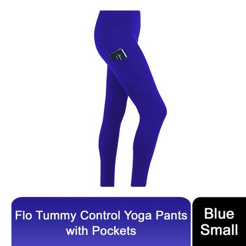 Flo Women's Tummy Control Sports Yoga Pants with Hidden Waistband Inner Pockets - Blue / Small