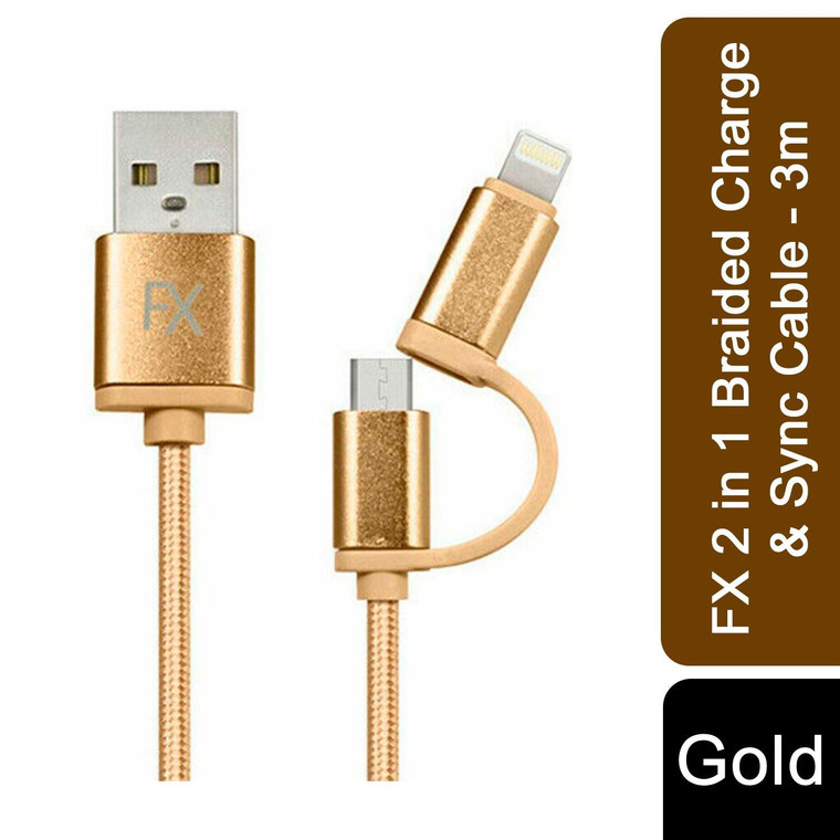 FX 2 in 1 Micro USB Braided Charge & Sync Cable, 1m/2m/3m - Gold / 3m