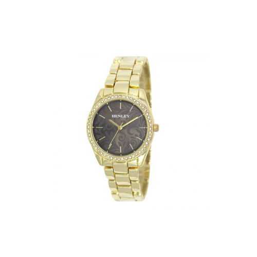 Henley Ladies Bling Etched Patterned Brown Dial & Gold plated Bracelet Watch H07326.2