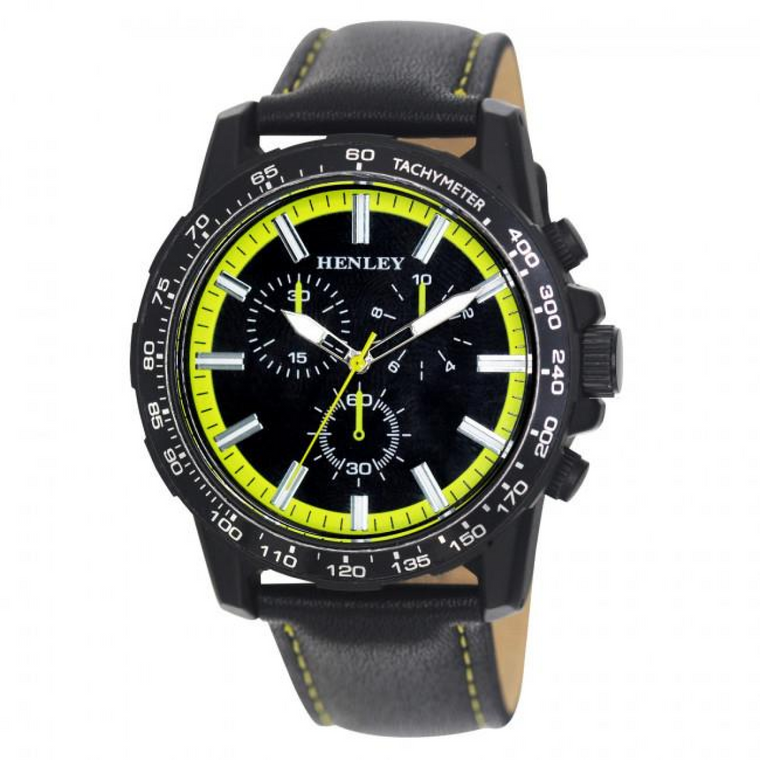 Henley Mens Satin Black Sports Coloured Stitch Multi Eye Watch Black/Lime Green H03015.11