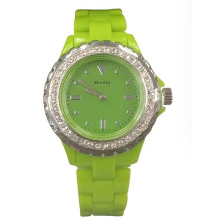 Henley Ladies Bling Fashion Case Lime Green Dial And Plastic Strap Watch H0826.11  - CLEARANCE NEEDS RE-BATTERY