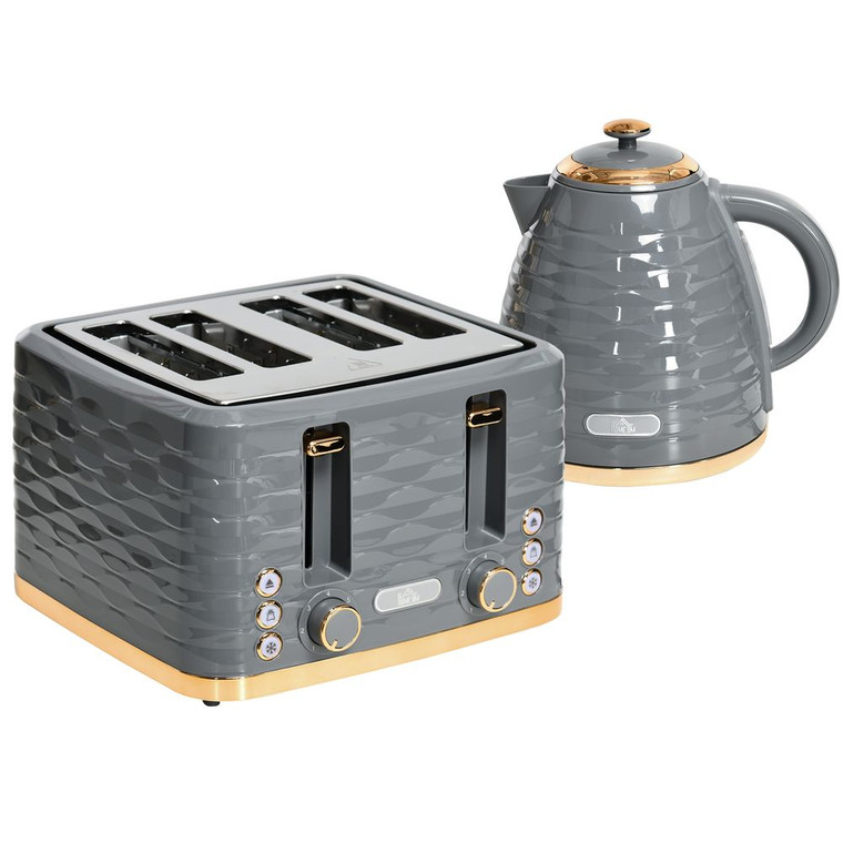 HOMCOM Grey Kettle & Toaster Set - 1.7L Rapid Boil, 4-Slice, Stylish Design - High Quality