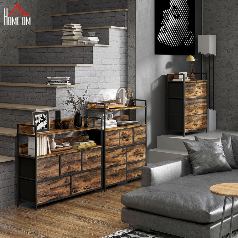 HOMCOM Bedroom Chest of Drawers 7 Drawer Dresser w/ Shelves, Rustic Brown - 98W x 29D x 85Hcm / Rustic Brown