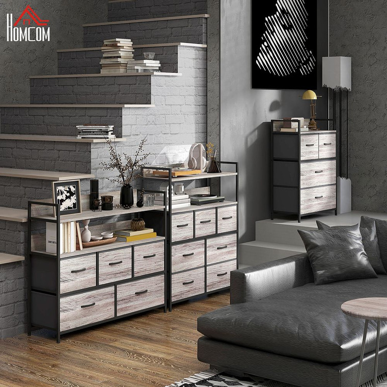 HOMCOM Bedroom Chest of Drawers 7 Drawer Dresser w/ Shelves, Rustic Brown - 79W x 29D x 101Hcm / Grey Wood Effect