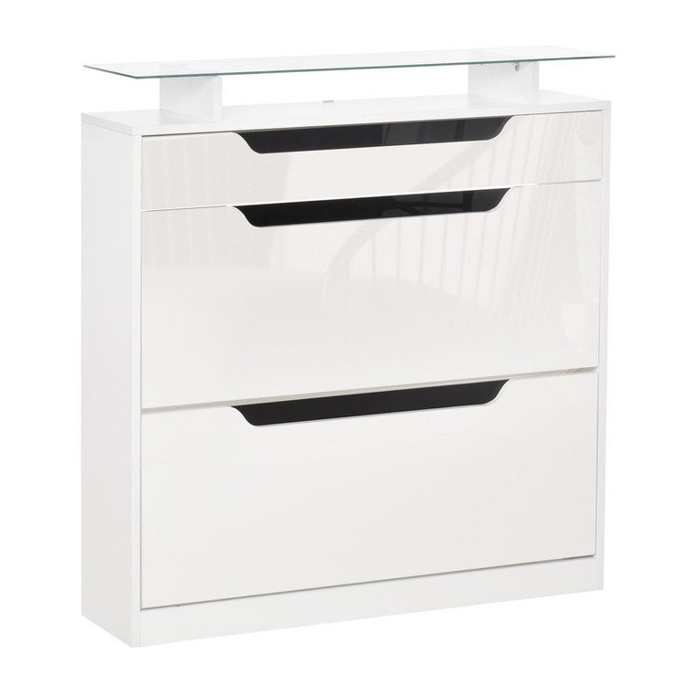 Shoe Cabinet  3 Drawers High Gloss Storage Cupboard  Glass Top White