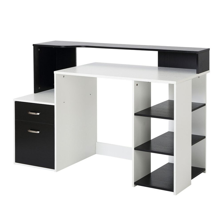 HOMCOM Computer Desk with Drawers and Storage Shelves, Reception Desk, Study Workstation for Home Office, 137 x 55 x 92cm, Black and White