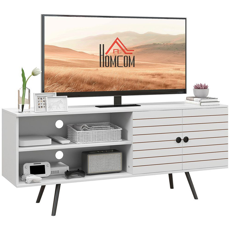 HOMCOM TV Unit for 65" TVs with 2 Open Shelves, Door and 2 Cable Holes, White