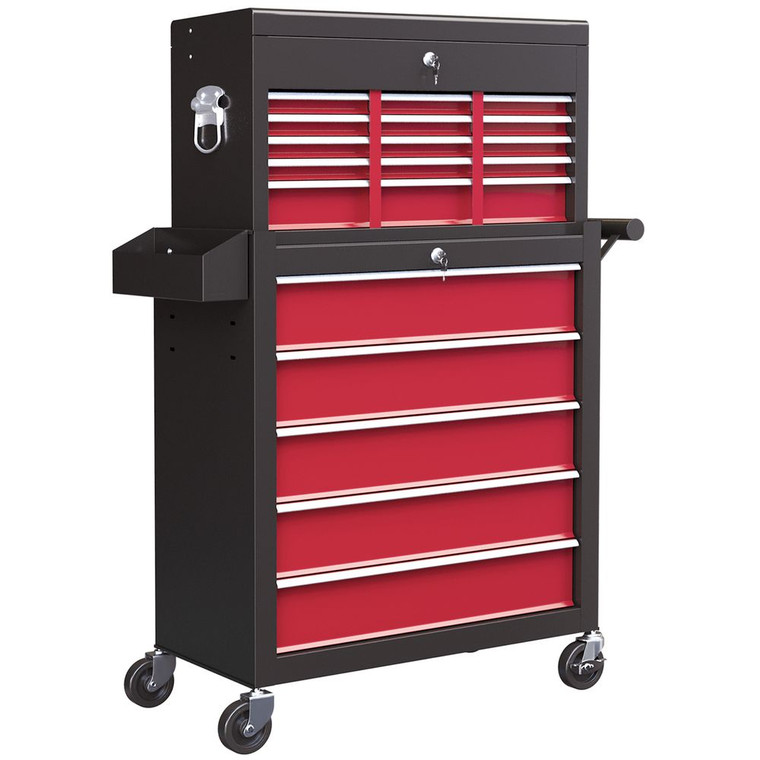 HOMCOM Rolling Tool Chest Lockable Roller Cabinet with with 14 Drawers Red - Default Title