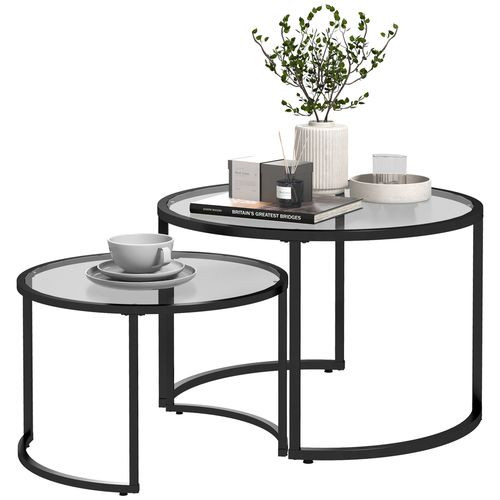 HOMCOM Glass Coffee Table Set of 2, Round Nest of Tables for Living Room