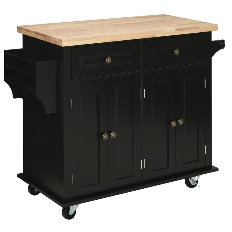 HOMCOM Rolling Kitchen Island Cart with Rubber Wood Top - Black