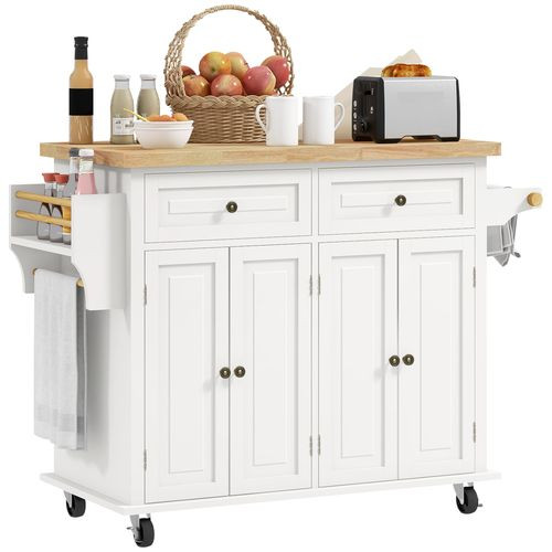 HOMCOM Rolling Kitchen Island Cart with Rubber Wood Top, Spices Cream White