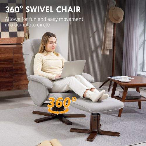 HOMCOM Swivel Recliner Chair with Footstool and Wooden Base, Light Grey