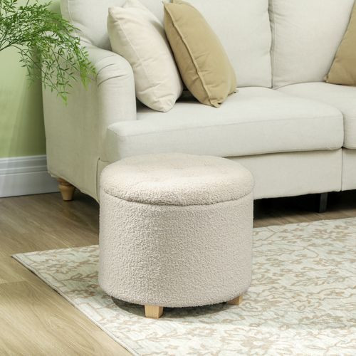 HOMCOM 45cm Round Ottoman with Storage, Lid, Cashmere Footstool, Cream White