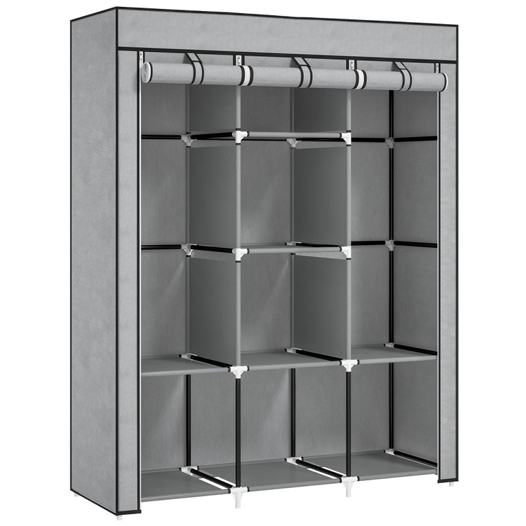 HOMCOM Fabric Portable Wardrobe with 8 Shelves 2 Hanging Rails - Light Grey