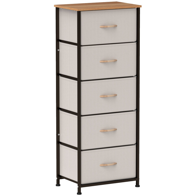 HOMCOM 5 Drawer Fabric Chest of Drawers w/ Wooden Top for Hallway - Cream