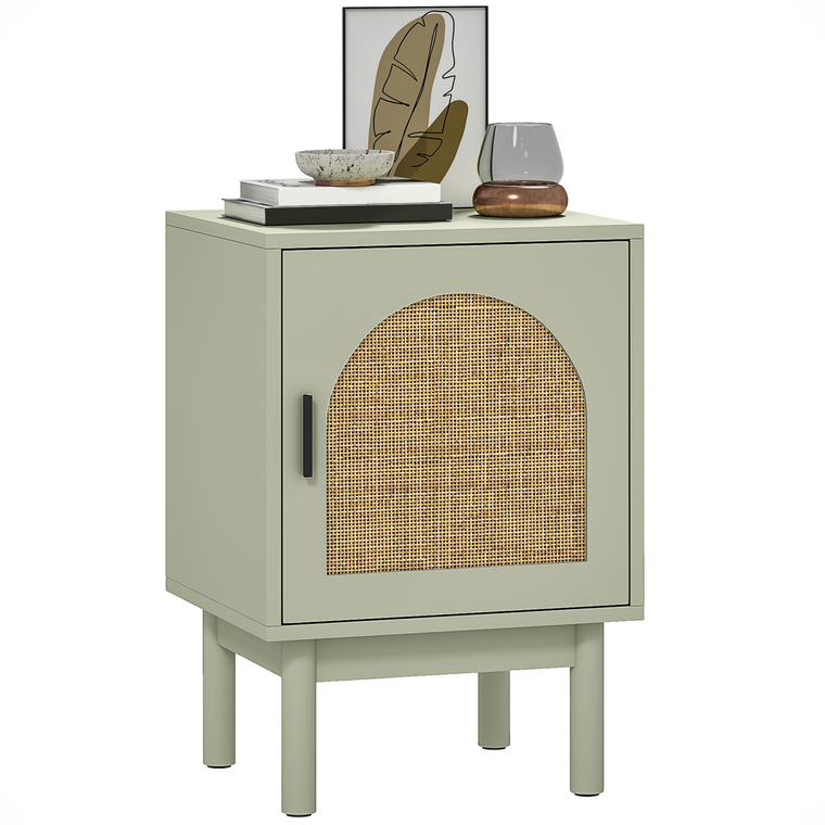 HOMCOM Boho Bedside Table with Rattan Door and Adjustable Shelf - Green