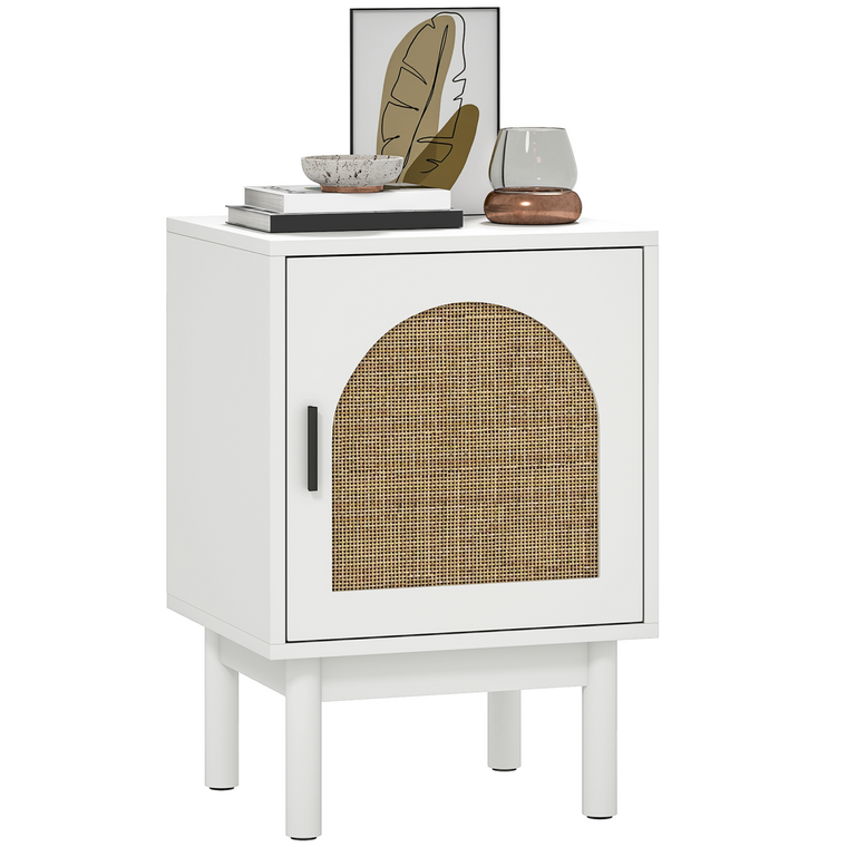 HOMCOM Boho Bedside Table with Rattan Door and Adjustable Shelf - White