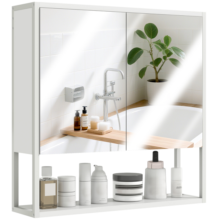 HOMCOM Industrial Bathroom Cabinet with 2 Mirrored Doors Open Shelf - White