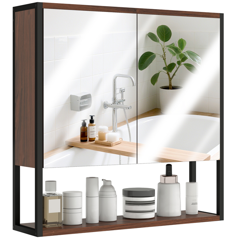 HOMCOM Industrial Bathroom Cabinet with 2 Mirrored Doors Open Shelf - Natural wood finish
