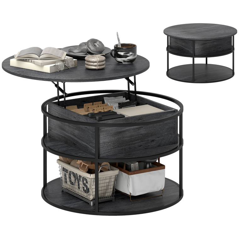 HOMCOM Lift Top Coffee Table, Round Coffee Table with Hidden Storage - Charcoal grey