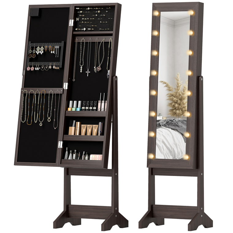 HOMCOM Freestanding LED Mirrored Jewelry Cabinet Dark Brown - Dark Brown