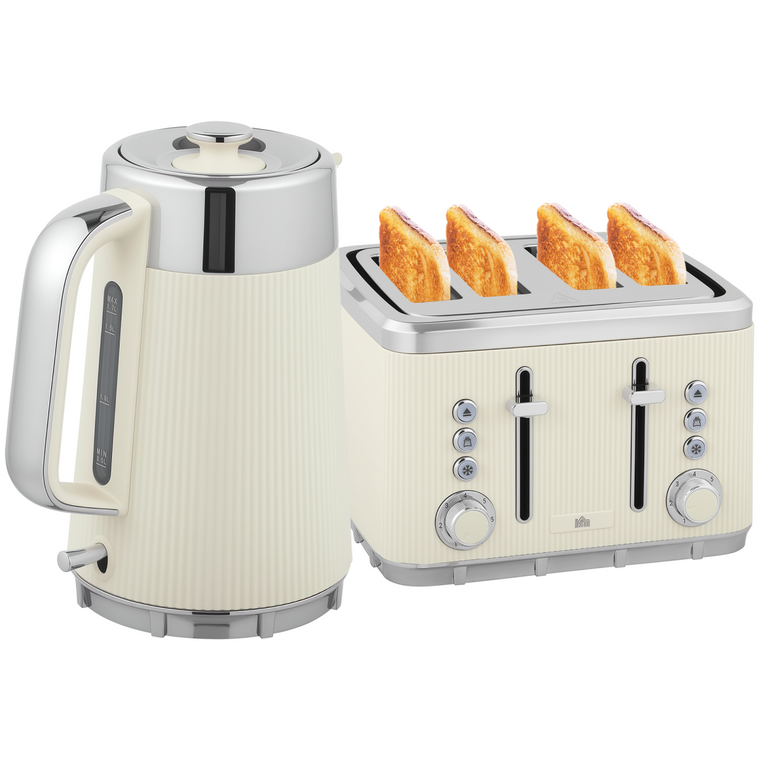 HOMCOM 1.7L 3000W Rapid Boil Kettle and 4 Slice Toaster Set Crumb Tray Black - Cream