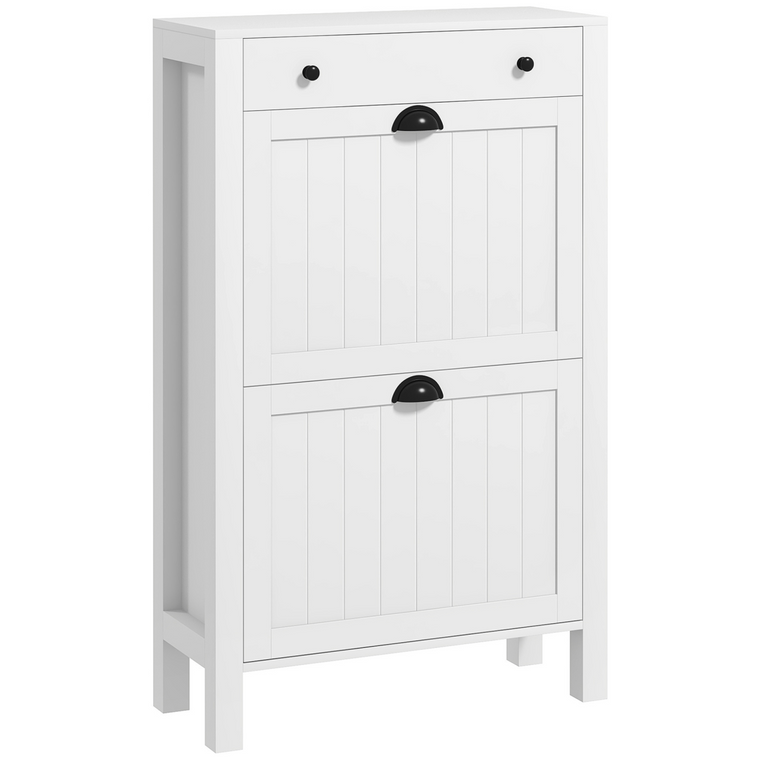 HOMCOM Narrow Shoe Cabinet with 2 Flip Drawers and Top Drawer, White