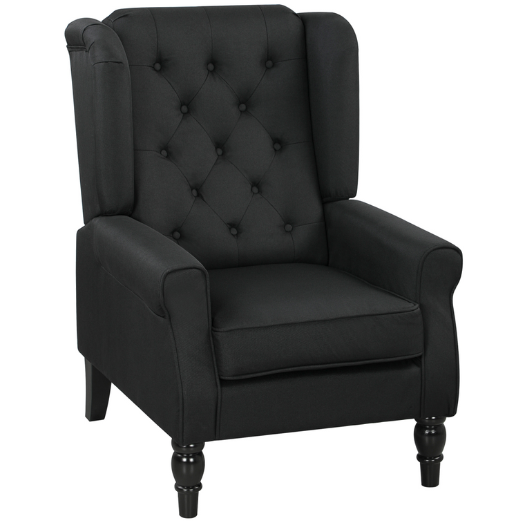 HOMCOM Accent Chair Wingback Armchair Retro Tufted Club Wood Fabric, Black - Black