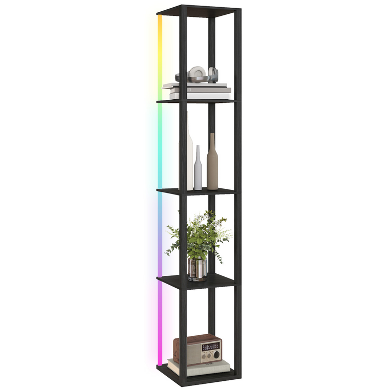 HOMCOM RGB LED Floor Lamp with Shelves and Remote Control for Bedroom - Black