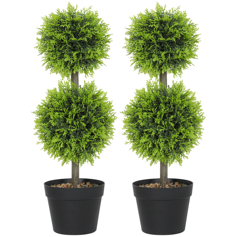 HOMCOM Set of 2 Artificial Topiary Cypress Ball Trees with Pot and Pebbles