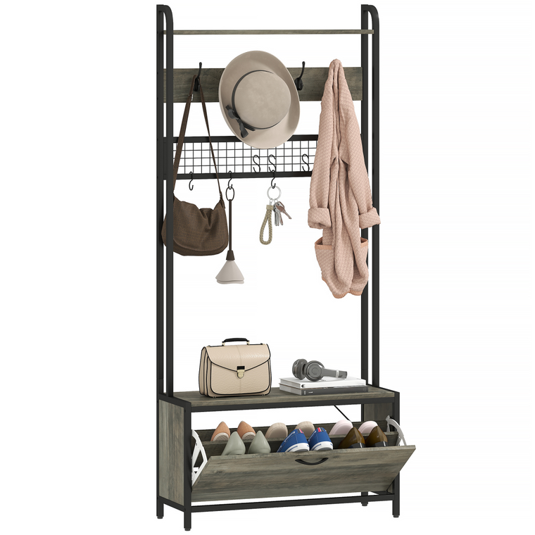 HOMCOM Industrial Hall Tree Coat Rack Stand with Shoe Cabinet Grey - Grey