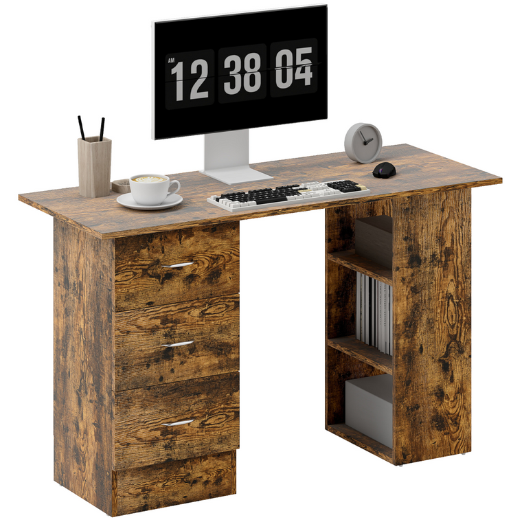 HOMCOM 120cm Computer Desk, Study Table with 3 Shelf & Drawers, Grey - Rustic Brown