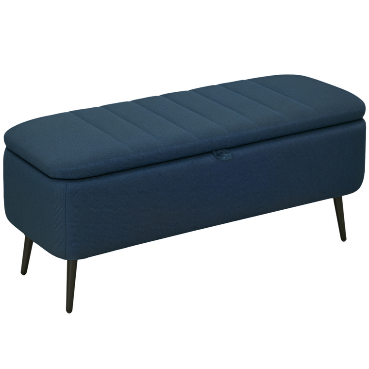 HOMCOM Storage Ottoman Bench, Linen Fabric Footstool with Steel Legs Blue - Blue