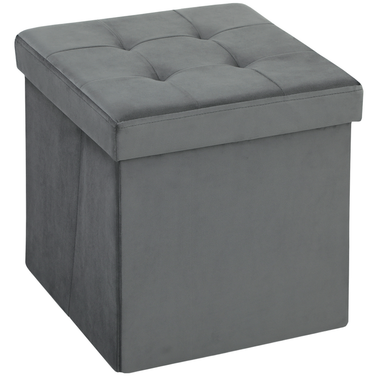 HOMCOM Foldable Velvet-Feel Storage Ottoman, 38 x 38 x 38 cm, Grey - Grey