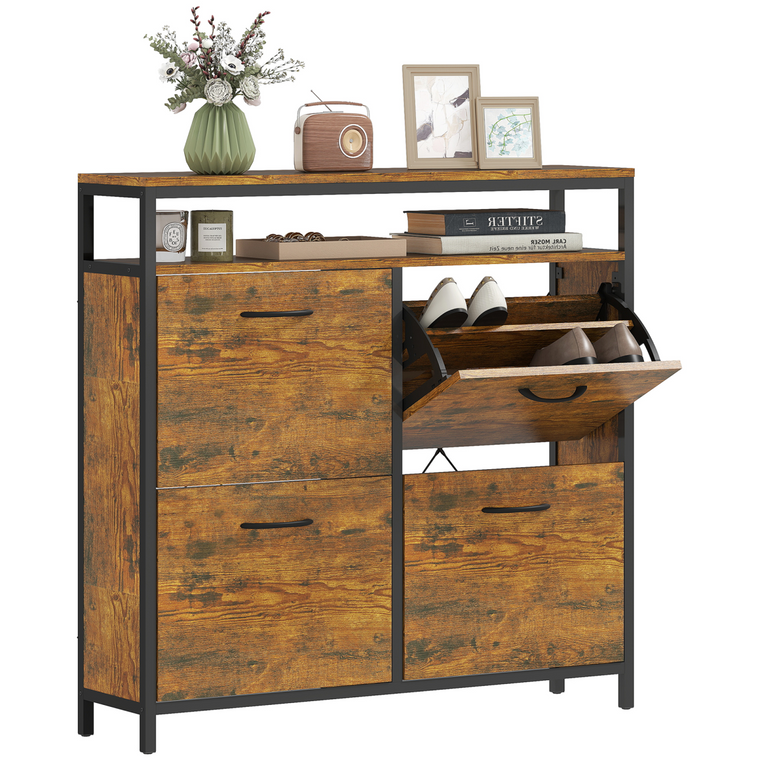 HOMCOM Shoe Cabinet with 4 Flip Drawers, Holds 12-20 Pairs, Cement Grey - Rustic Brown