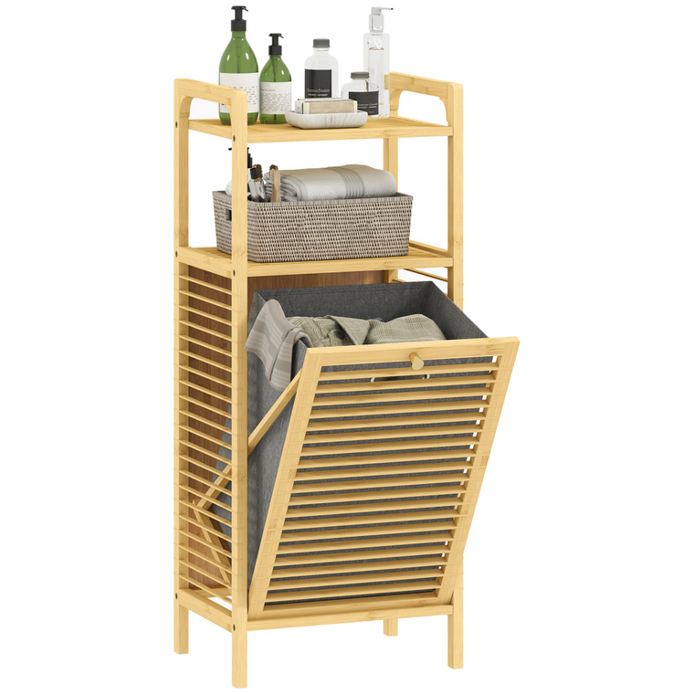HOMCOM Removable 37L Laundry Hamper with Bamboo Bathroom Storage Cabinet