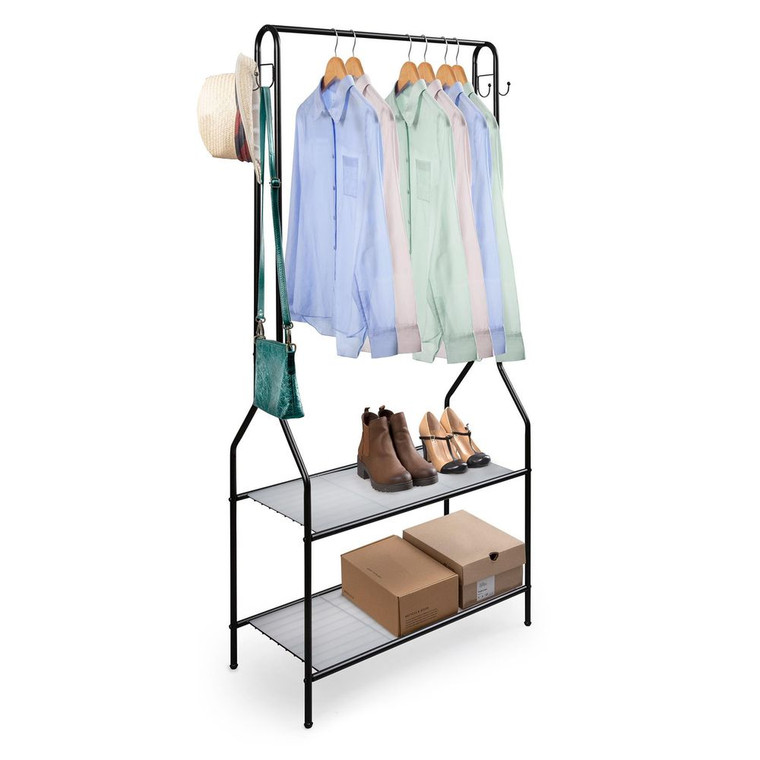Clothes Rail Black With Two Shelves in Black Powder Coating