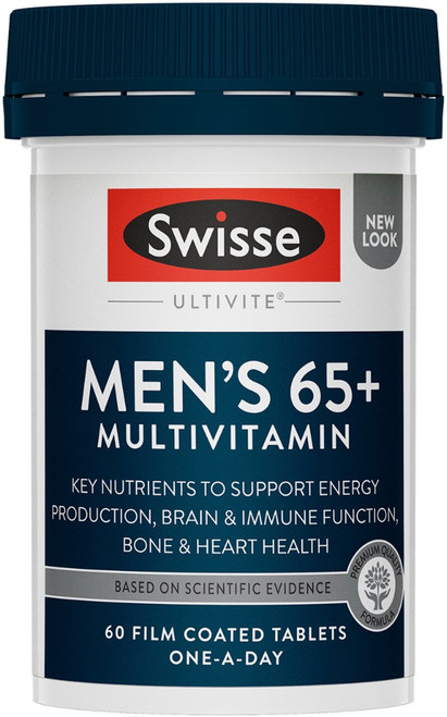 Swisse Ultivite Men’s 65+ Multivitamin 60 Tabs provides daily nutritional support with Vitamin E, B Vitamins, Magnesium, Zinc, Lutein & Coenzyme Q10