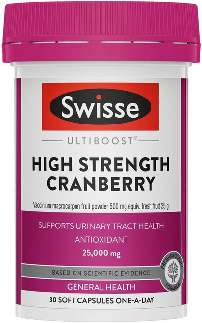Swisse Ultiboost High Strength Cranberry 30 Caps with whole Cranberry fruit powder to support healthy urinary tract function and bladder health