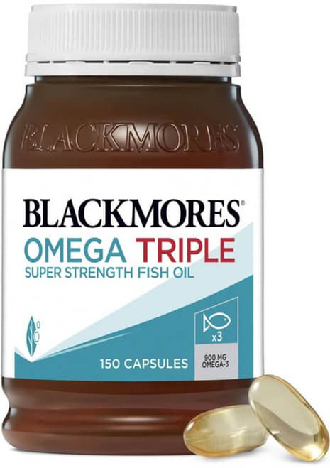 Blackmores Omega Triple Super Strength Fish Oil 150 Caps to support heart health, maintain healthy triglyceride levels and support brain function with concentrated Omega-3