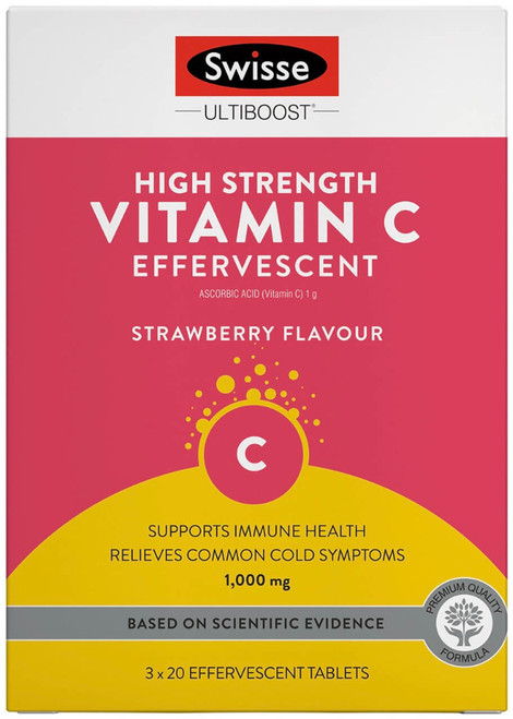Swisse Ultiboost High Strength Vitamin C Effervescent 1000mg 60 Tabs dissolves in water to support immunity, antioxidant protection and collagen production