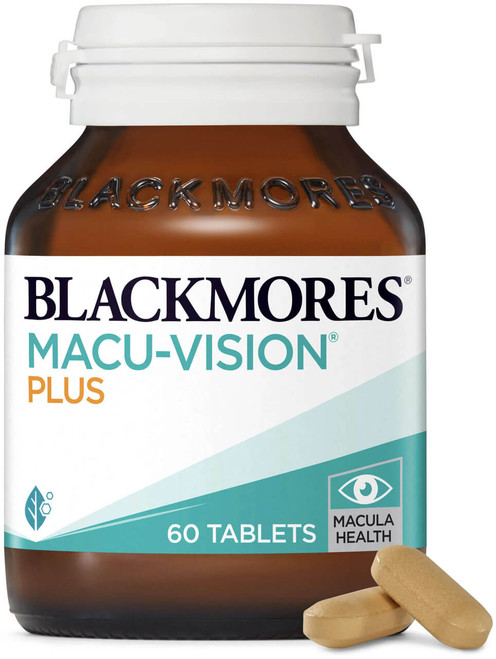 Blackmores Macu-Vision Plus 60 Tabs to help maintain central vision and support healthy macula function with Lutein, Zeaxanthin, Vitamin C, Vitamin E, Zinc and Selenium