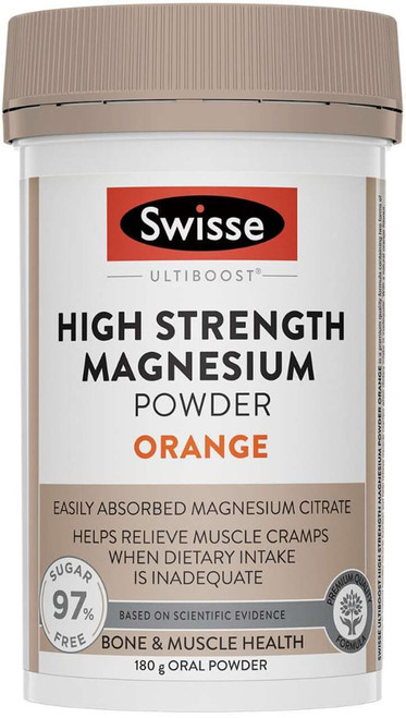 Swisse Ultiboost High Strength Magnesium Powder Orange 180g with Magnesium Citrate, Magnesium Glycinate, Vitamin C, Zinc & Calcium for muscle health