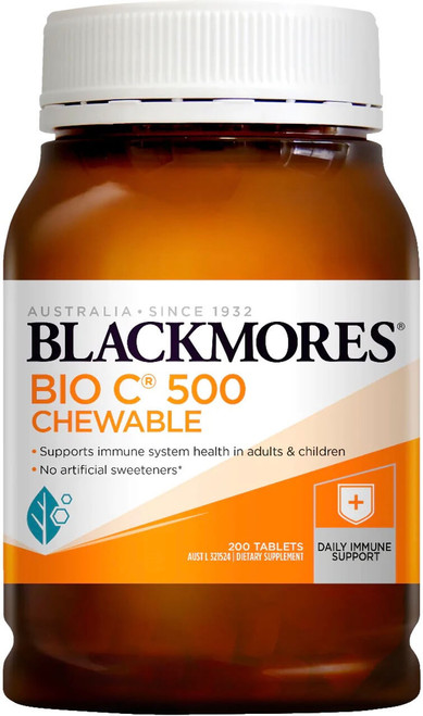 Blackmores Bio C 500mg 200 Chewable Tablets to support healthy immune system function and help reduce the severity and duration of common cold symptoms