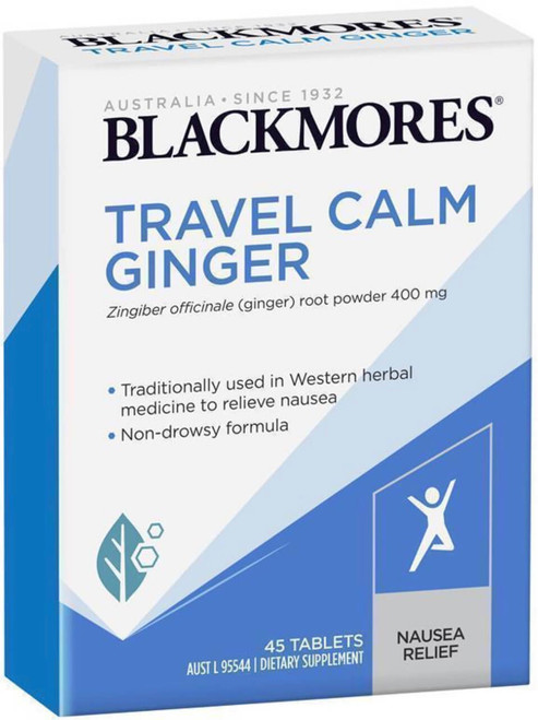 Blackmores Travel Calm Ginger 45 Tabs for non-drowsy relief of motion sickness, nausea, digestive discomfort and flatulence
