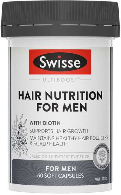 Swisse Ultiboost Hair Nutrition For Men with Biotin 60 Caps formulated with Saw Palmetto, Zinc, Selenium and vitamins to nourish hair from within
