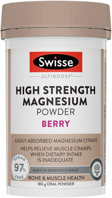 Swisse Ultiboost High Strength Magnesium Powder Berry 180g with Magnesium Citrate and Magnesium Glycinate plus Vitamin C, Zinc & Calcium for muscle and nervous system health