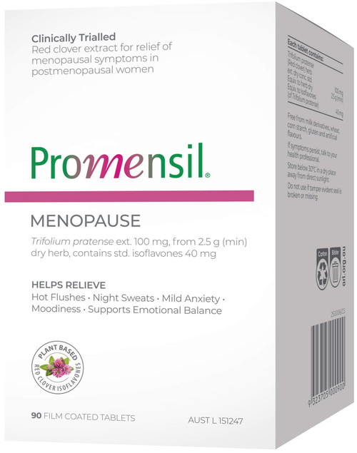 Promensil Menopause 90 Tabs standardised Red Clover Isoflavones to help relieve hot flushes, night sweats, mild anxiety and moodiness